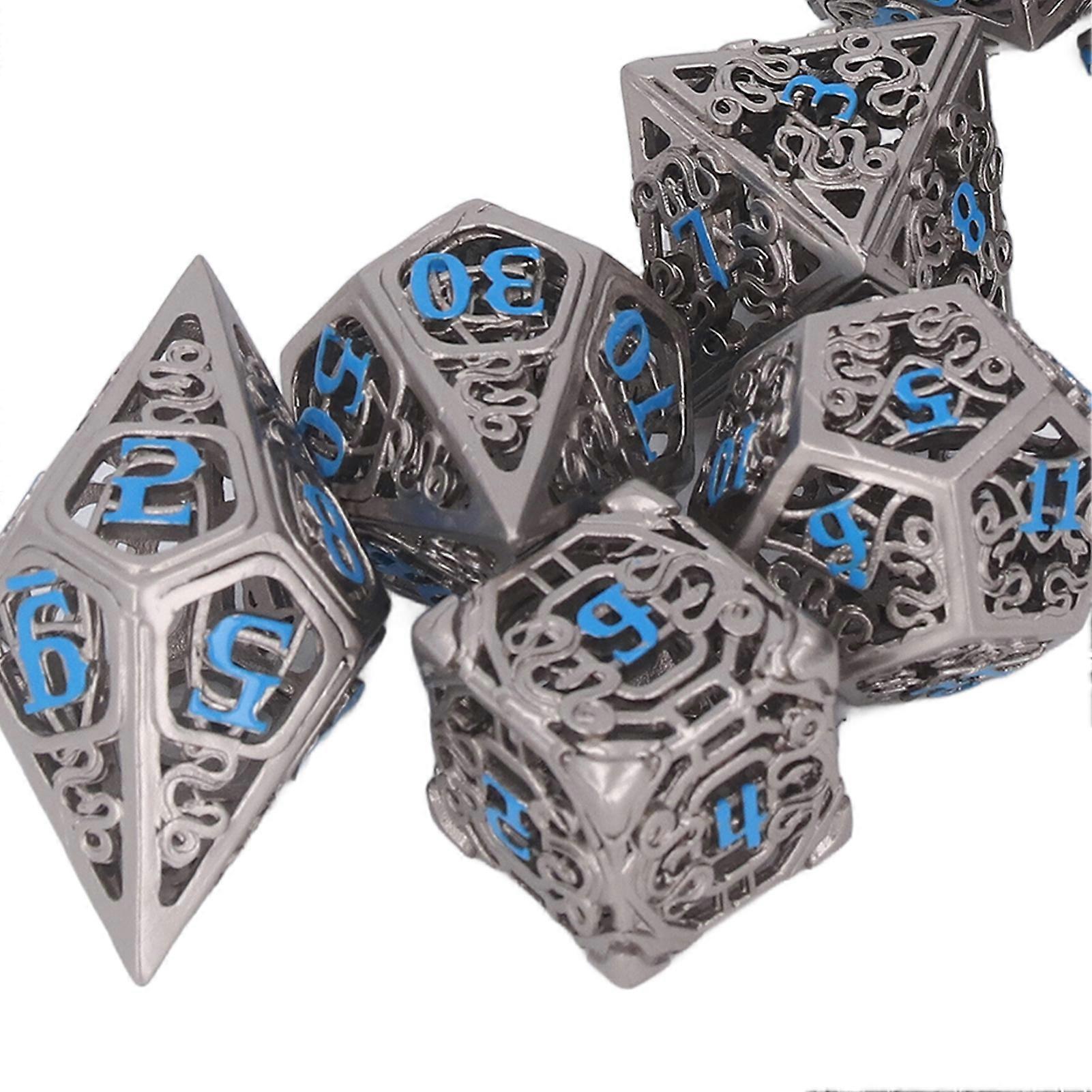 7pcs Hollow Dice Set Brass Rolling Beautiful Polyhedron Dices with Blue Numbers for Games