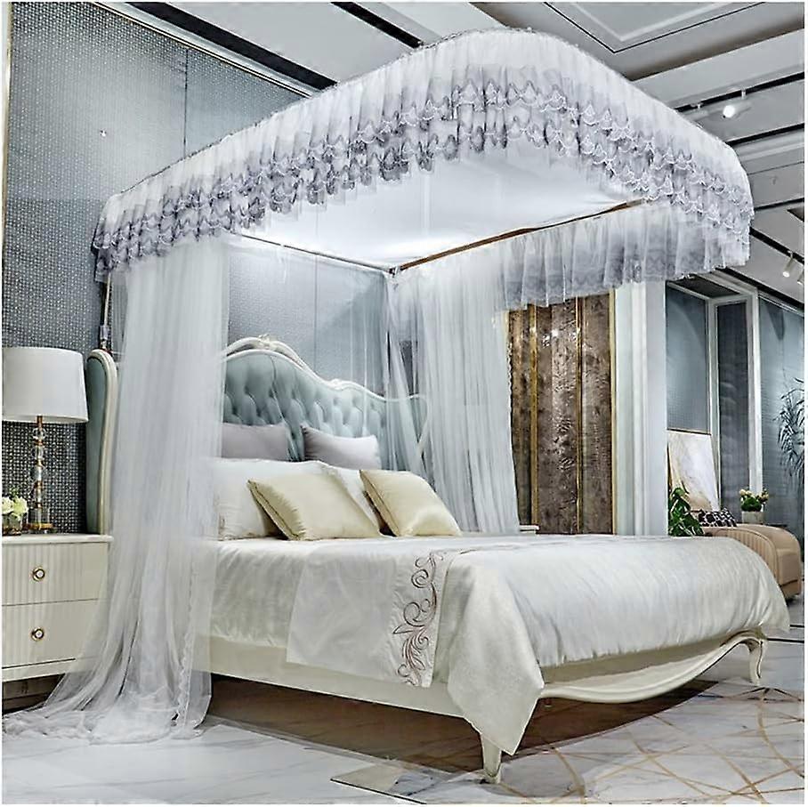 Summer Lace Edge Bed Canopy Mosquito Net Bed Curtain with U Bracket (Color: Yellow, Size: 180x220cm) (Color: White, Size: 200x220cm)