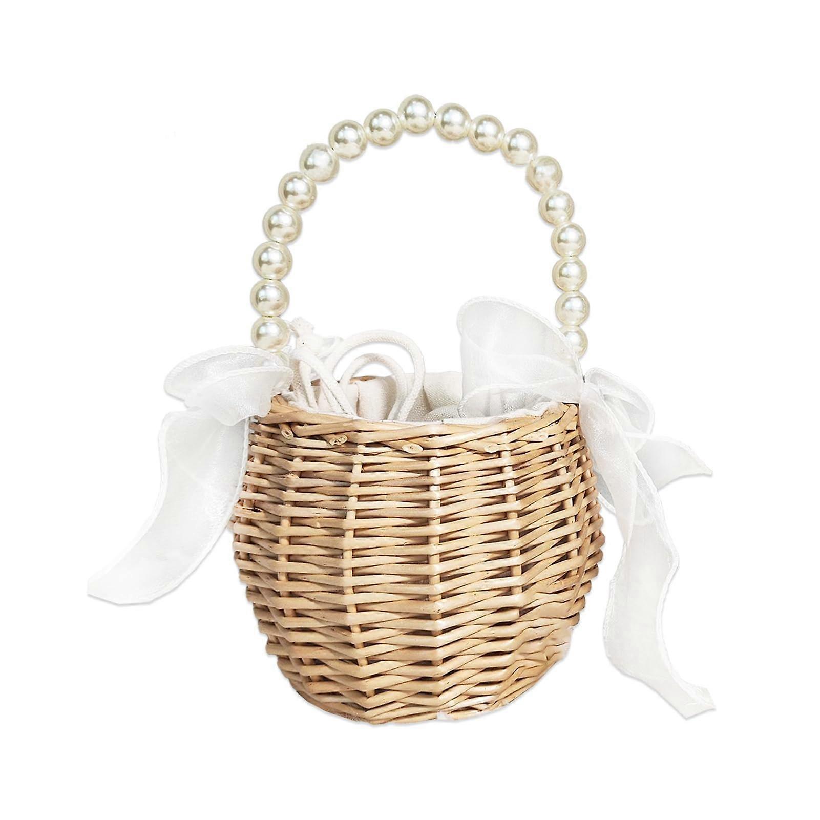 Rattan Wicker Flower Girl Basket with Colorful Pearl Handle, Fairy Bow Insert, White for Weddings and Home Decor