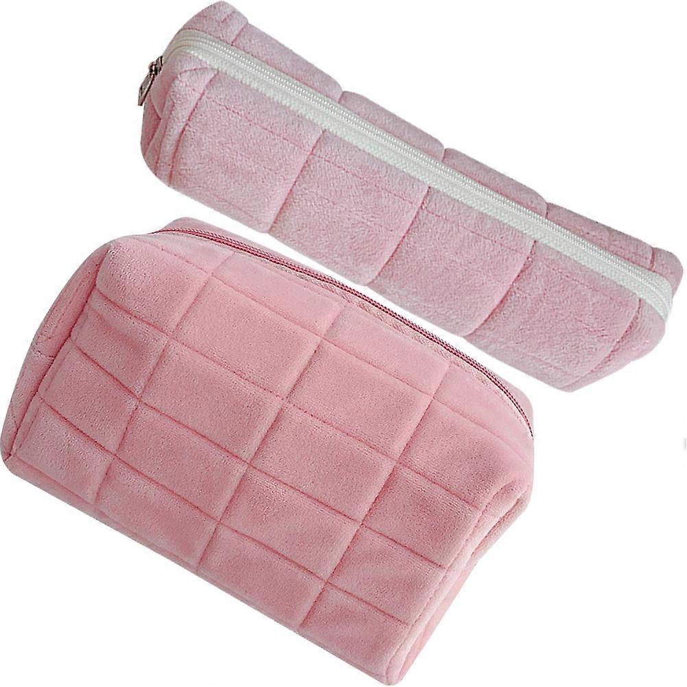 Pink Short Plush Large Capacity Makeup Organizer Bag for Storage Use with Sturdy Zipper 2 Pcs
