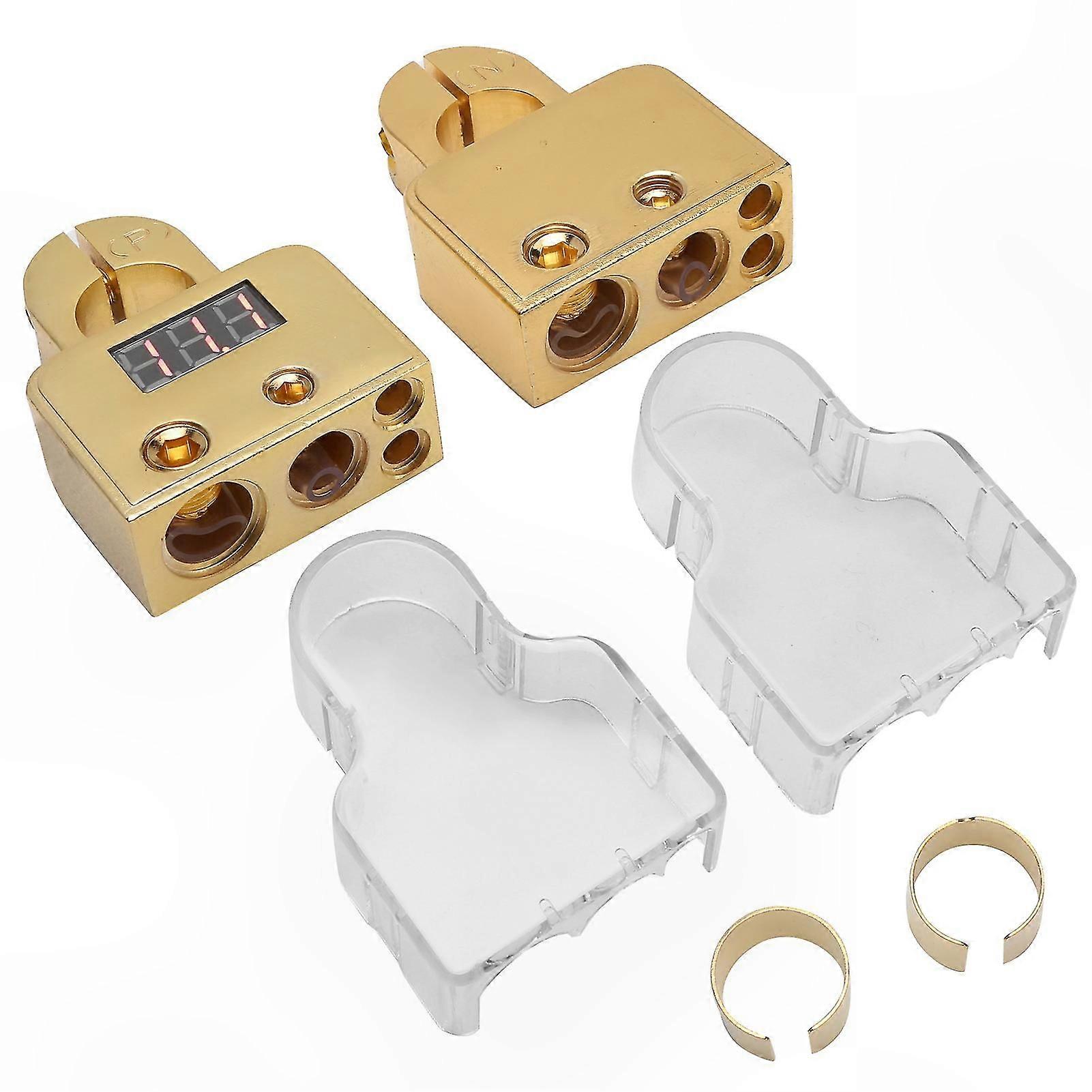 Battery Terminal Connectors Kit with Digital Voltmeter for 0/4/8/10 AWG Gauge Gold Wire