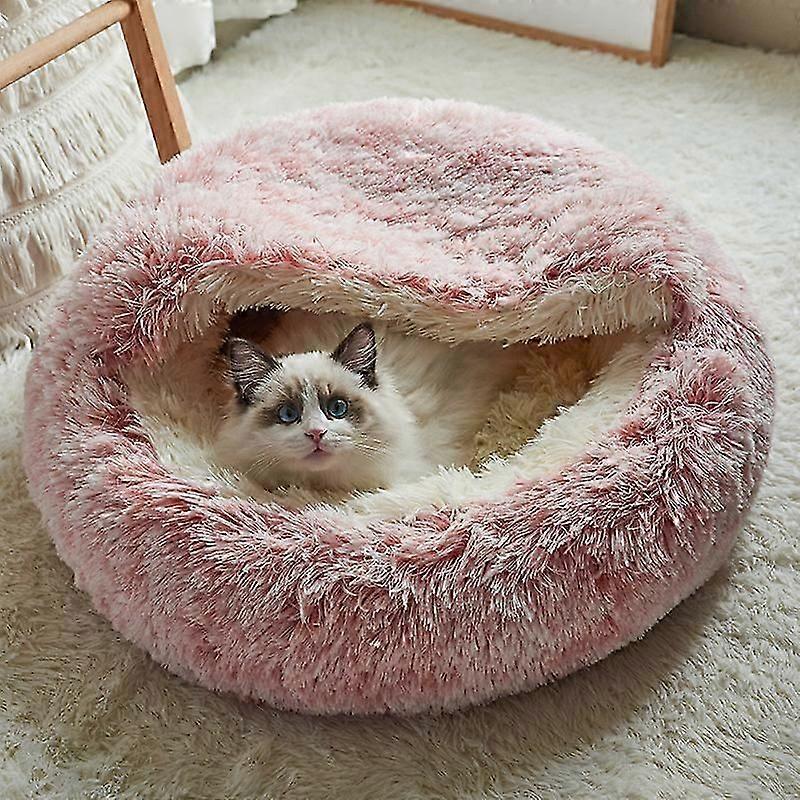 القط الأليف صغير سرير دافئ دائري أفخم شبه مغلق عش للقطط الصغيرة سرير النوم العميق ناعم رقيق مهدئ تربية الوردي / 15.75 بوصة