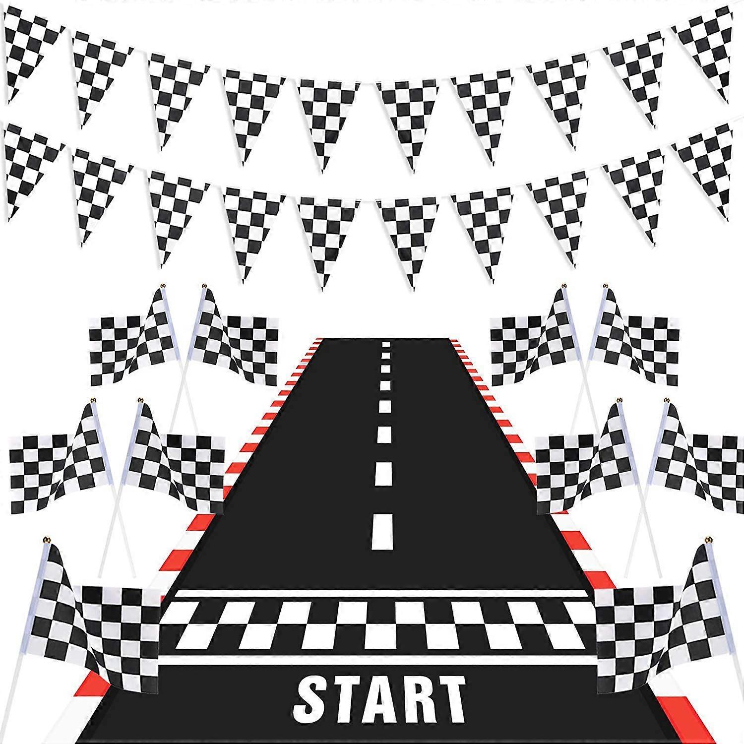 Race Car Party Kit - Checkered Floor Mat & Flags (12pcs)