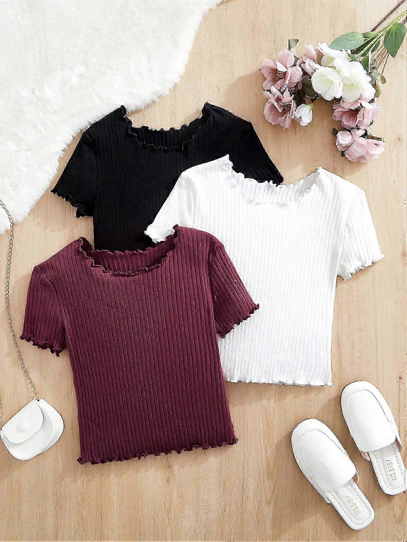 3Pcs Knitted Solid Color Flounce Collar Casual T-shirts For Tween G...