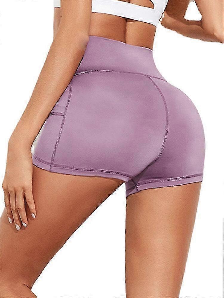 Solid Color Stitching High Waisted Stretch Running Yoga Pocket Shor...