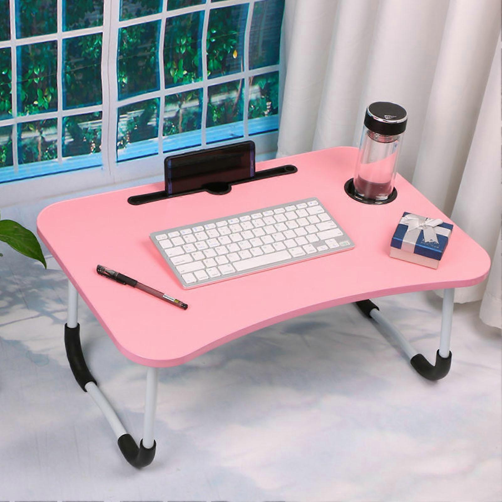 Foldable Pink Solid Wood Bed Table with Cup Holder for Study
