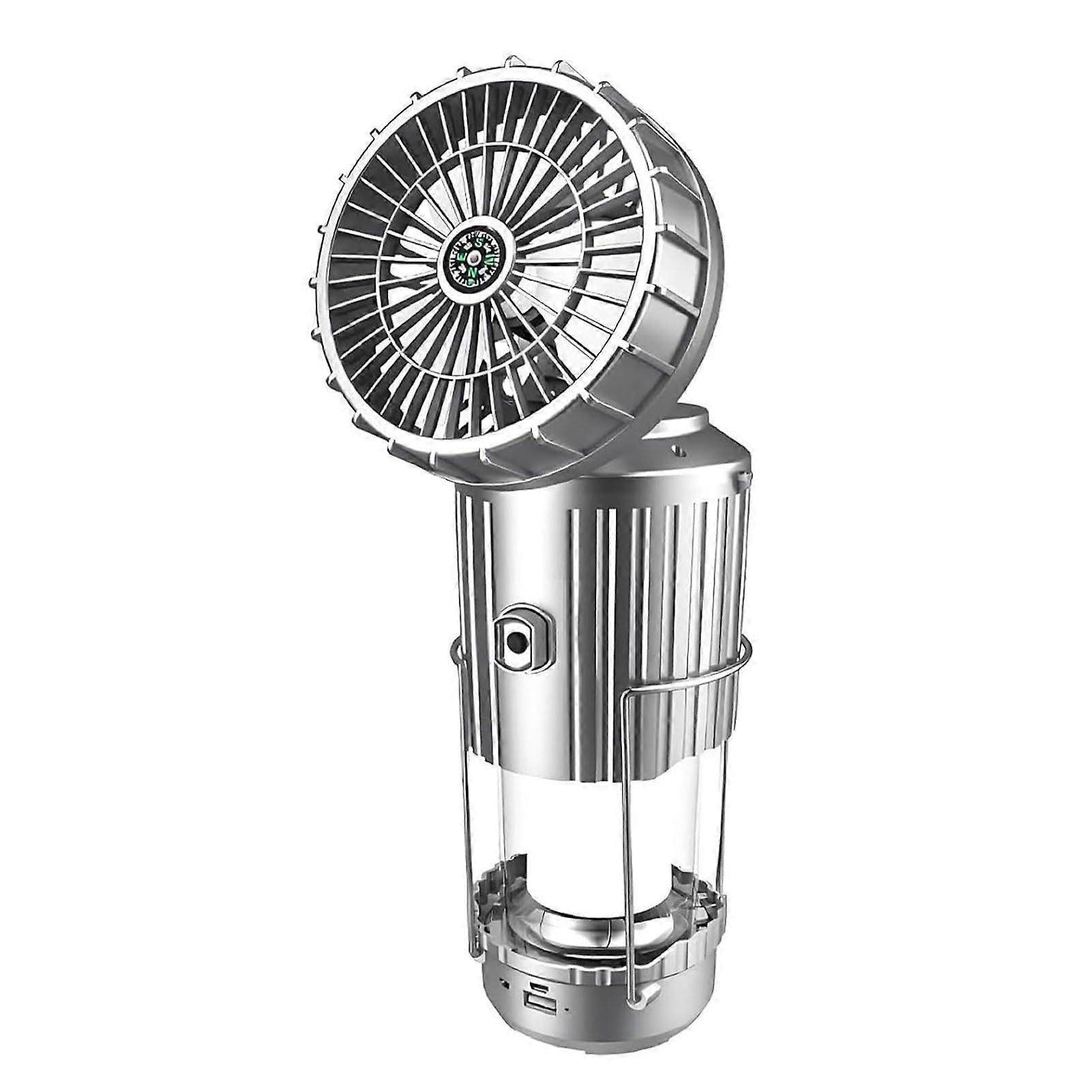 4 in 1 Solar Camping Lanterns With Fan and Speaker, Collapsible USB Charging Lantern, Indoor Outdoor Use, Silver 28cm