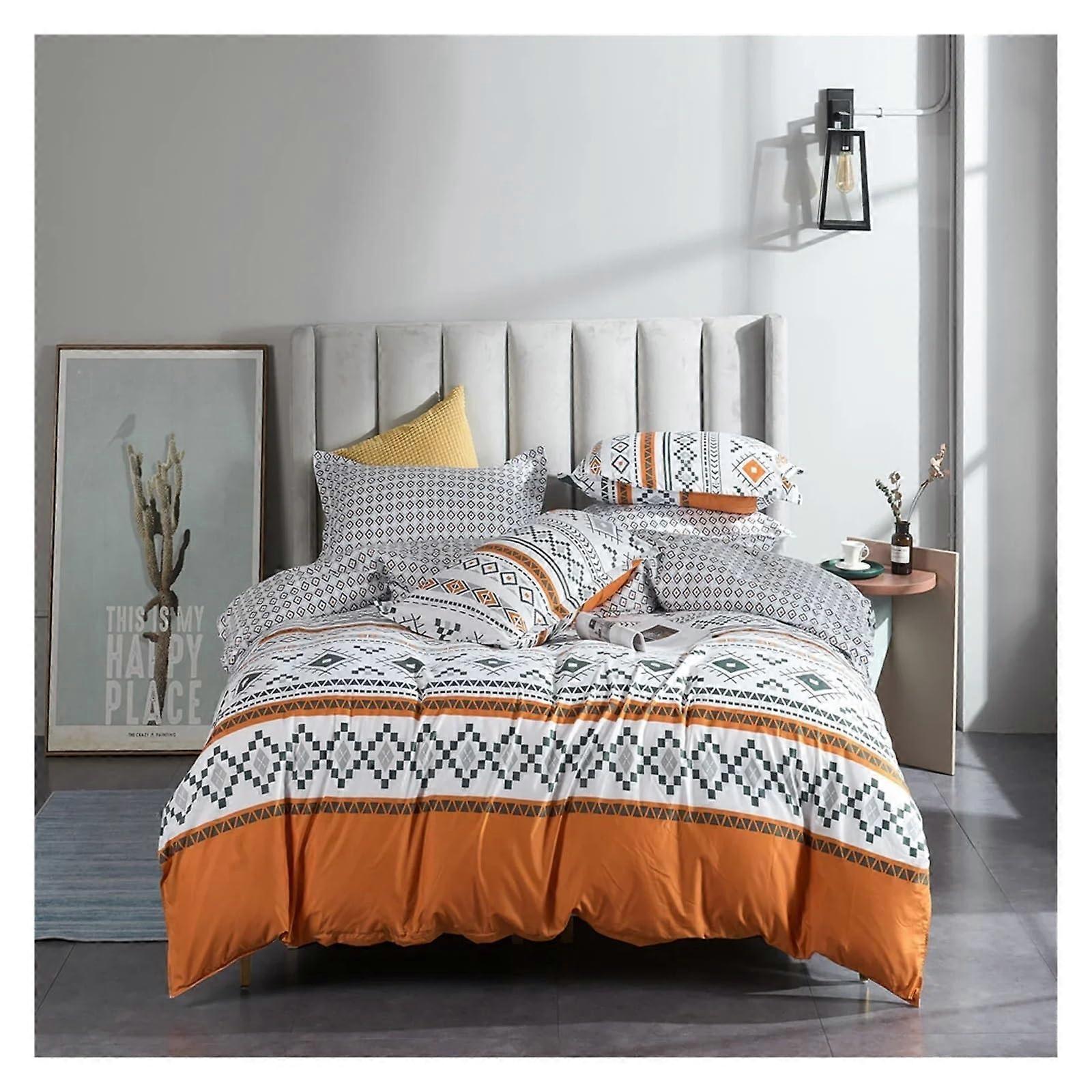 Four Piece Bedding Set Queen Size Duvet Cover Boho Orange Geometric Lightweight Soft Breathable