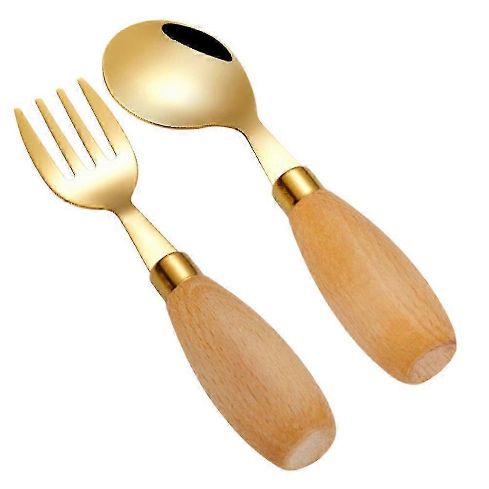 2Pcs Kids Curved Fork with Wooden Handle