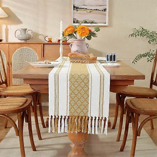 Bohemian Cotton and Linen Table Runner with Tassels - 35x305cm Diamond Shaped, Thick Checked Woven Tablecloth - Farmhouse Style Table Runner - Party