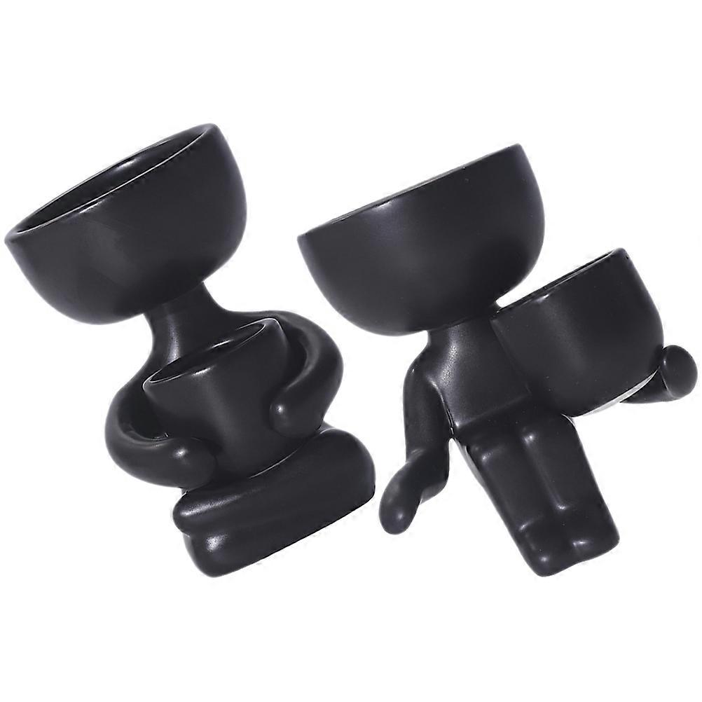Black Ceramic Succulent Plant Pots Human Shaped for Decor 2Pcs