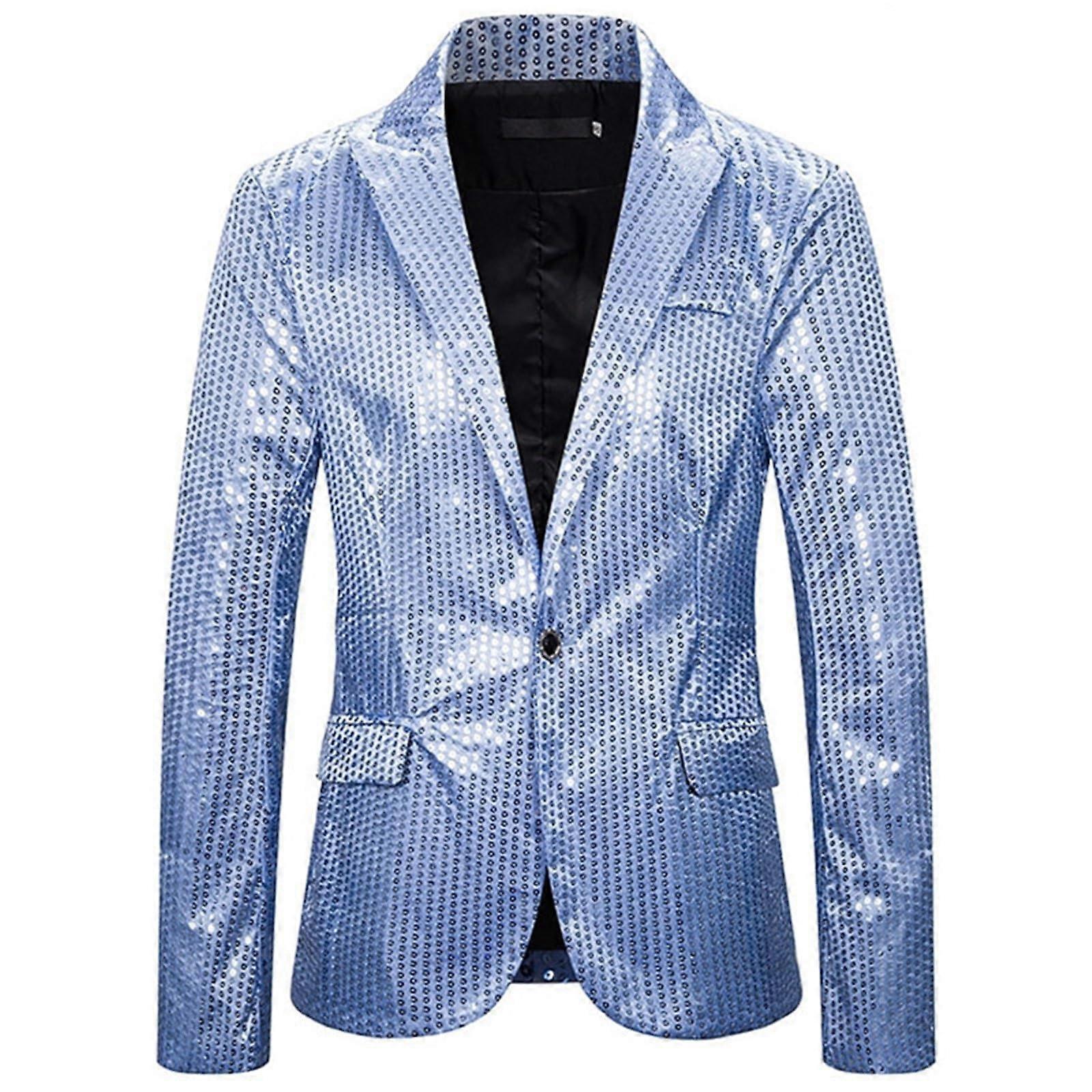 Glitter Suit Men's Metallic Blazer 3XL Light Blue Sequin Jacket 70s Style Disco Party Outfit Stage Show