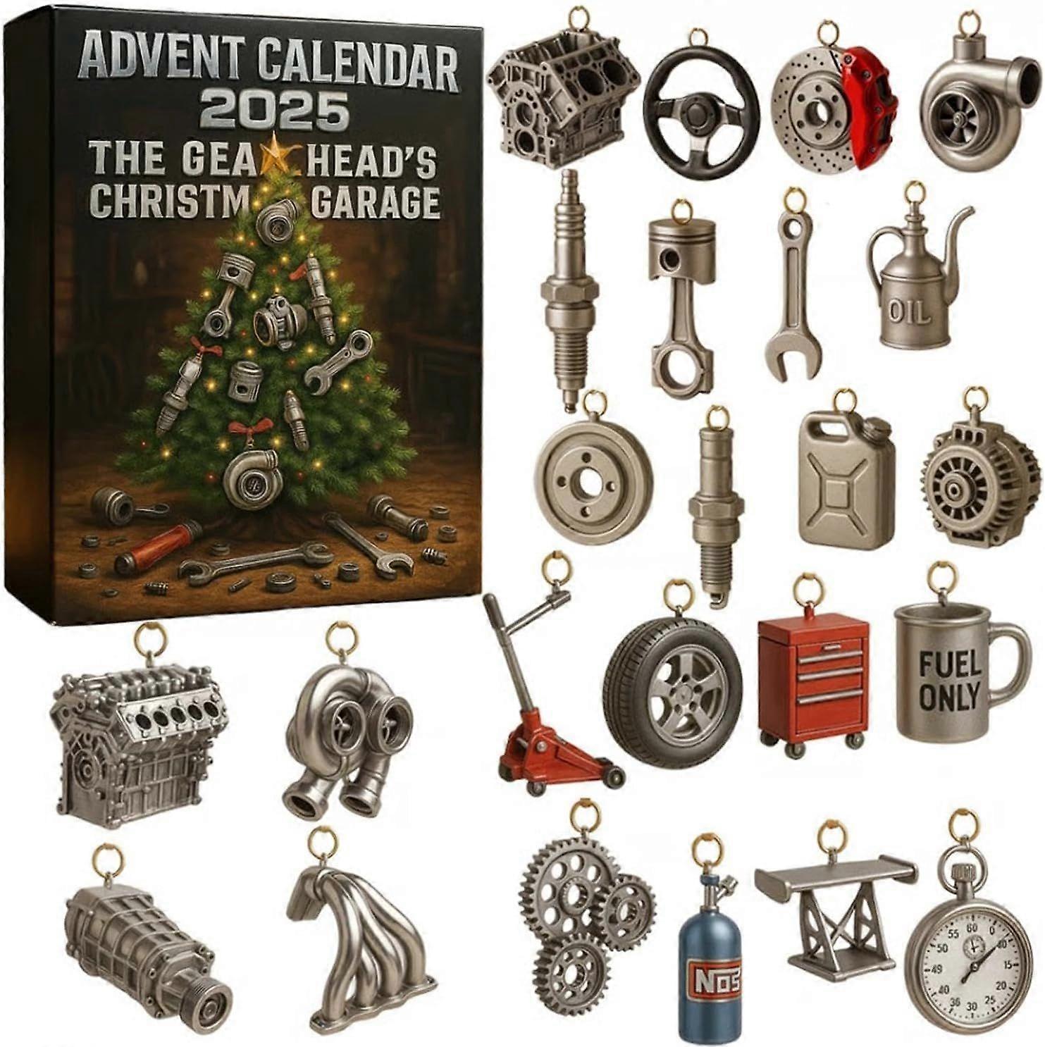 Christmas Garage Advent Calendars, Automotive Advent Calendar 2025, 24 Pieces 2D Car Parts and Tool Ornaments, Cars with Christmas Gifts for Car Enthu