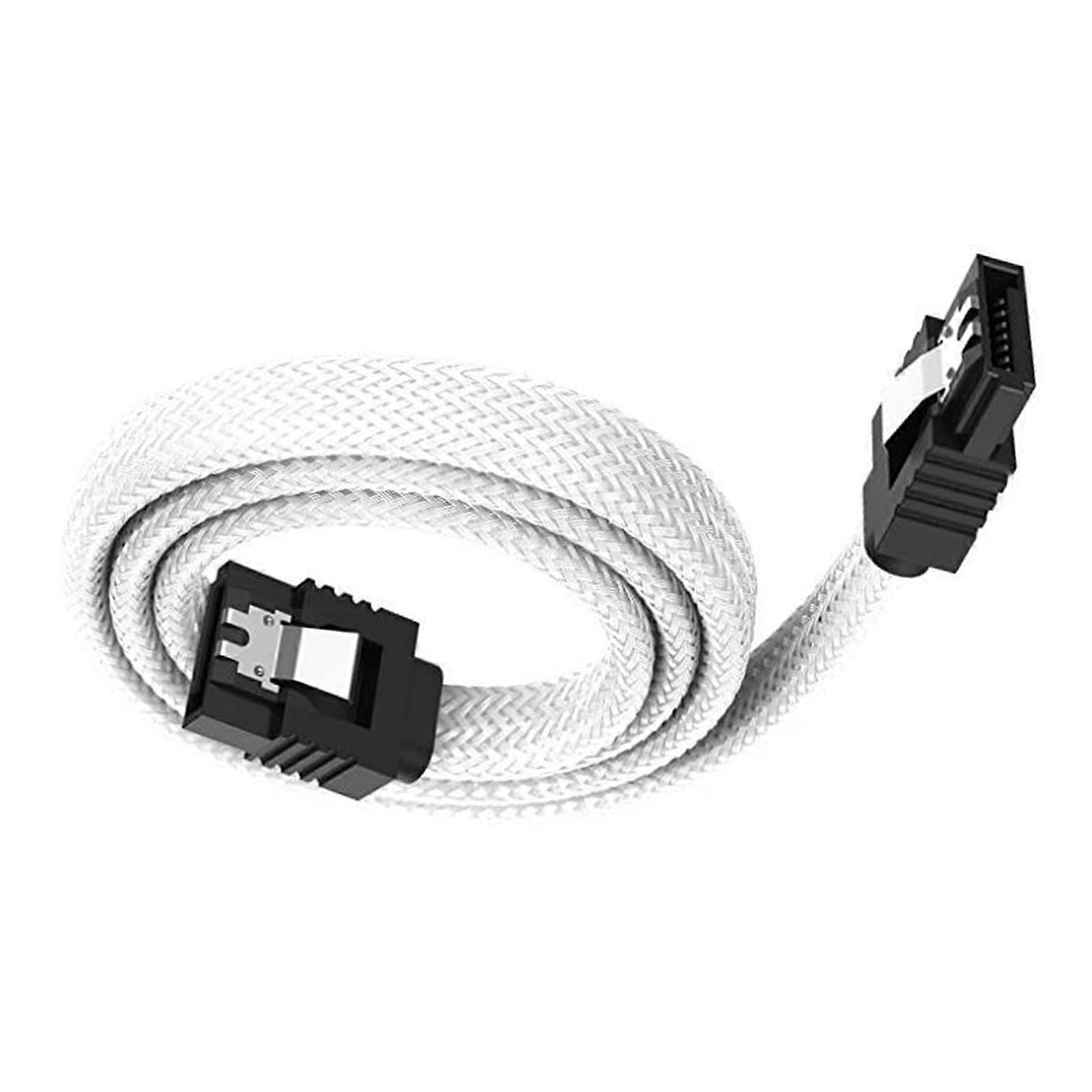 Internal SATA3.0 6Gbps Data Cable 50cm Colored Connectors Nylons Meshes Cover Secure Locking Clip Profile Installation  White