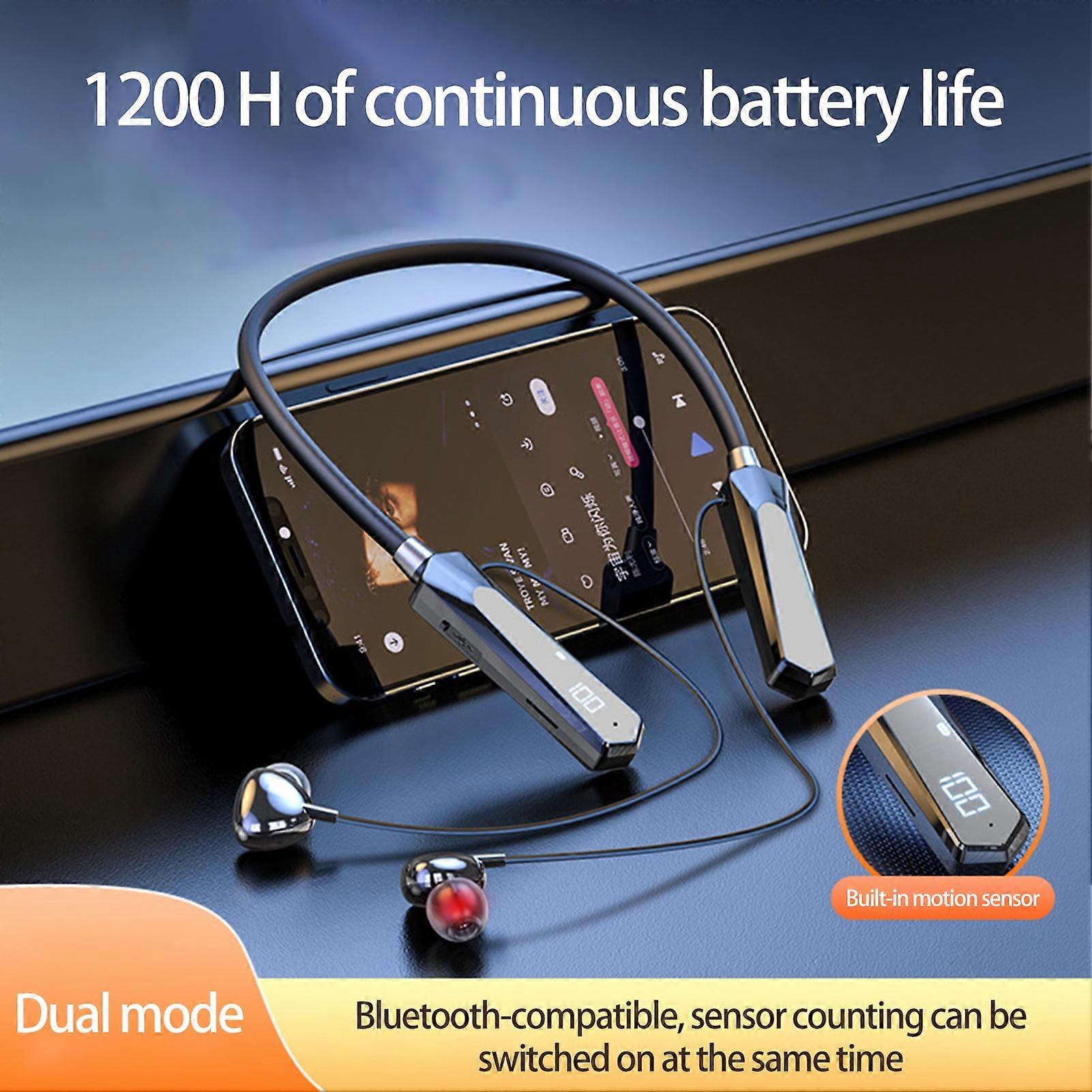 SUSUchens 1 Set Wireless Headset Bluetooth 5.3, compatible with all devices, Noise Reduction, Pedometer, TF Card, Black Silvery