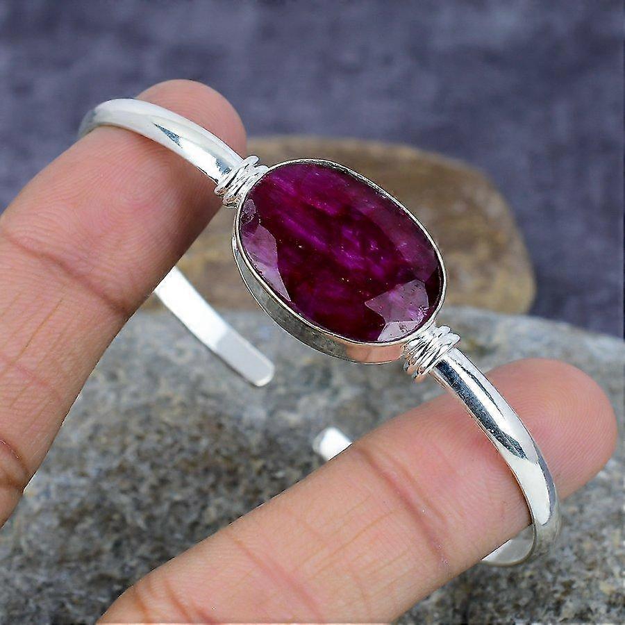 Pulsera/brazalete ajustable de plata de ley 925 con rubí creado en laboratorio, hecho a mano. Ideal para regalo.