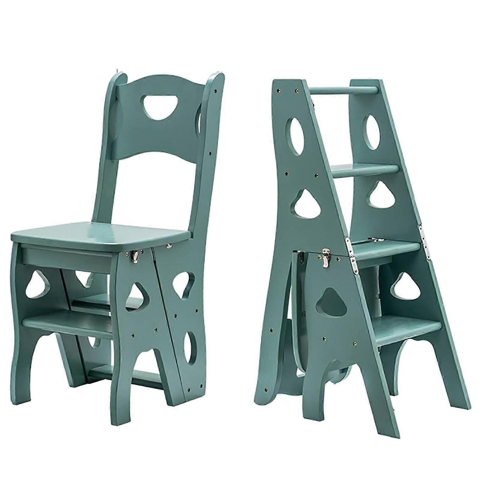 Wooden Library Ladder Folding Chair 4Step Adjustable Height Stool for Home Space Saving Green 35x47.5x88cm