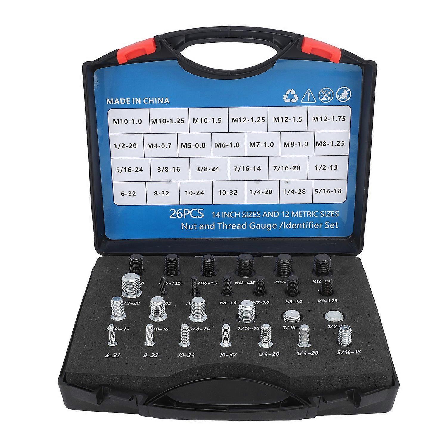 26 PCS Nut Bolt Thread Checker High Accuracy Carbon Steel ABS Nut and Bolt Thread Gauge Set for Dete
