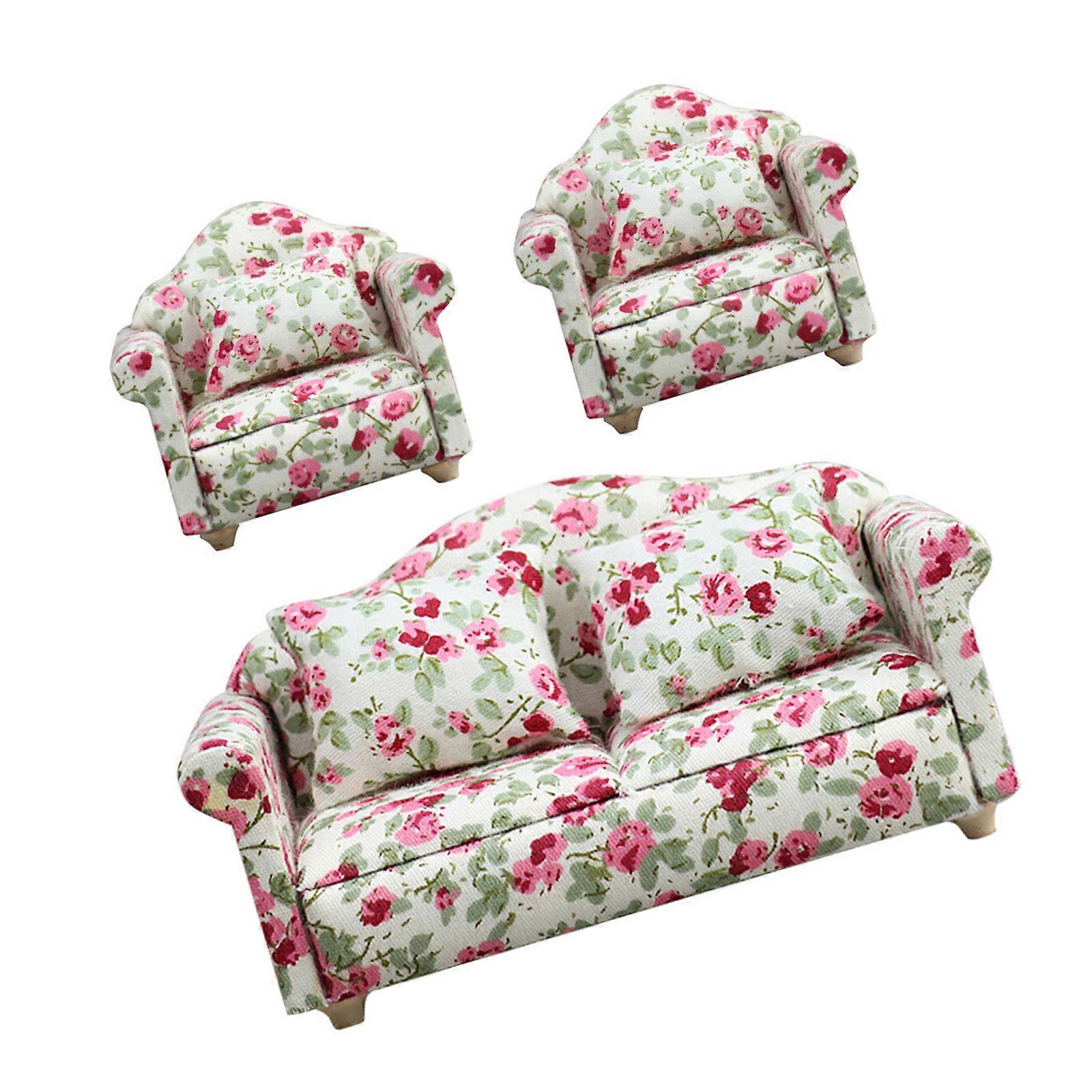 Floral Patterned Mini Sofa 3pc Set Soft Fabric Dollhouses Furniture 1/12 Scale Compatible with Model Displays Multicolor