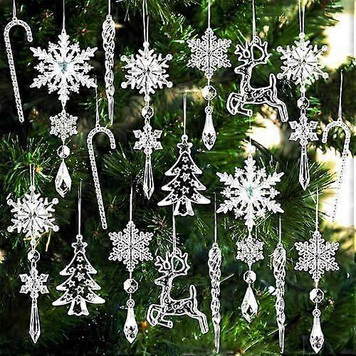 18 Pcs Clear Acrylic Crystal Christmas Hanging Decorations Snowflake, Icicle, Reindeer, Tree & Candy Cane Ornaments with Strings, Elegant Xmas Tree Or