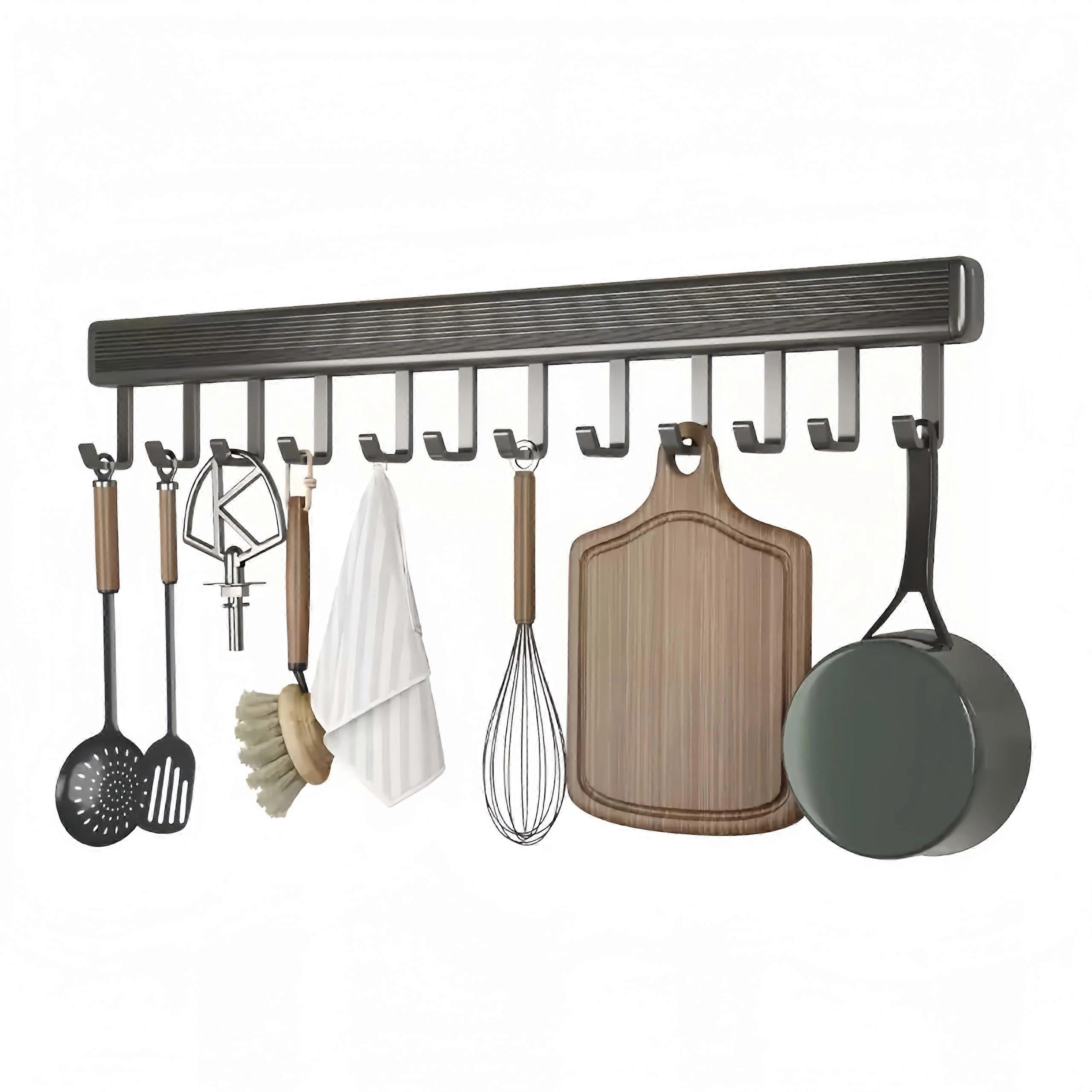 Kitchen Utensil Rack with 12 Adjustable Hooks, Wall Mounted Kitchen Organizer, NoDrill Aluminium Storage