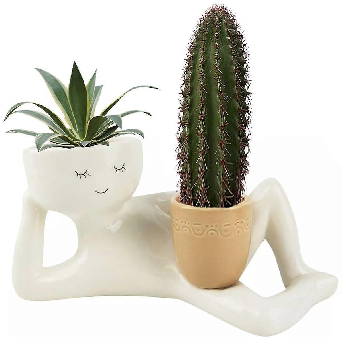 Funny Resin Succulent Planter with Drainage Hole, Unique Reclining Figure Pot for Cactus Decor