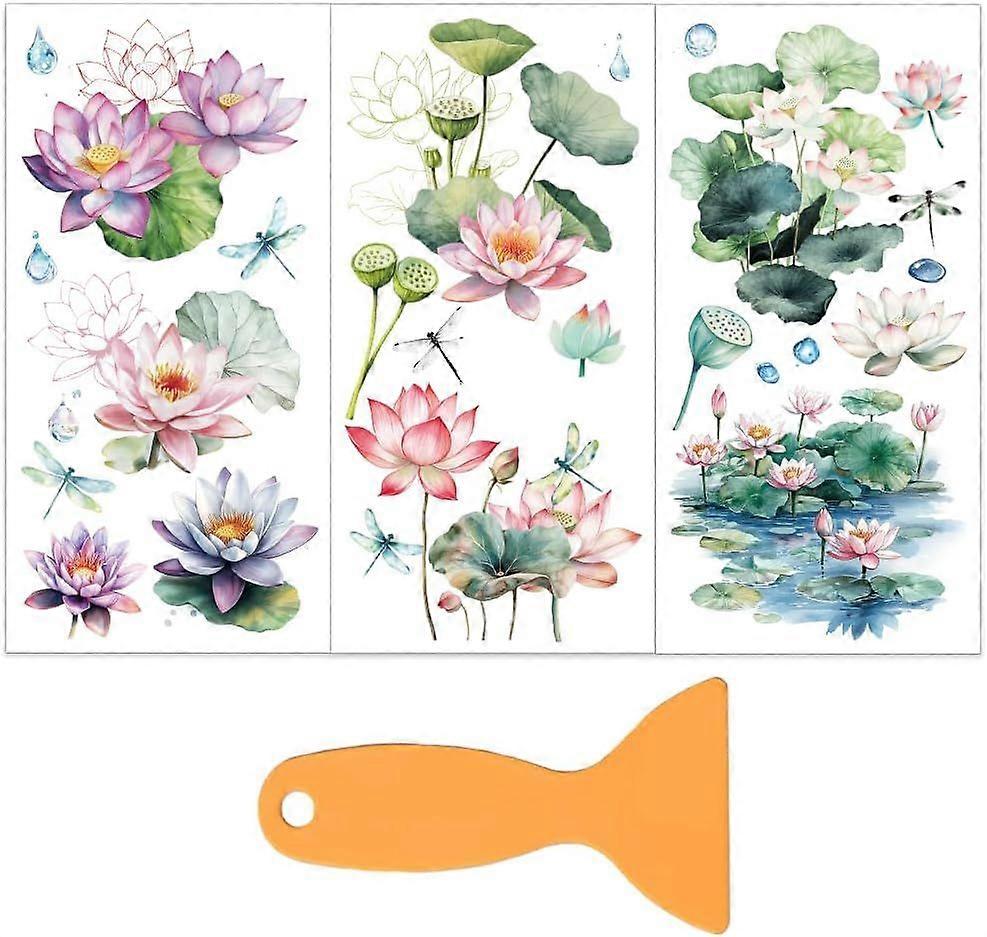 3pcs/Set Lotus Rub on Transfers for Furniture and Crafts 6x12 Inch Lotus Leaf Furniture Decals Transfer Stickers Rub on Decal with 1pc Scraper for Woo