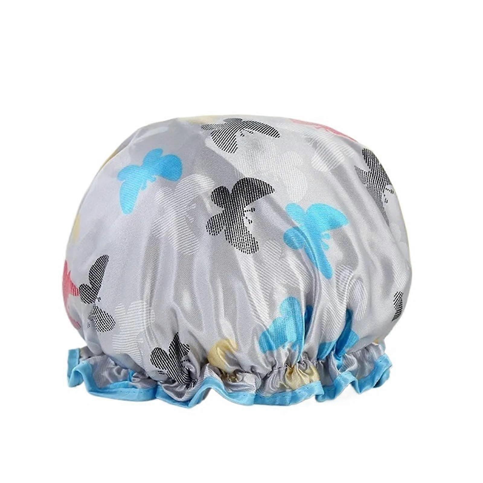 Waterproof Shower Cap Double Layer Grey Butterfly for Hair Bath Makeup Elastic Reusable