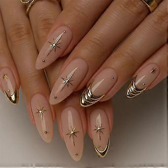 Gouden French Tip Press On Nagels Medium Amandelvormige Kunstnagels Herbruikbare Glanzende Acryl Volledige Dekking 24 Stuks