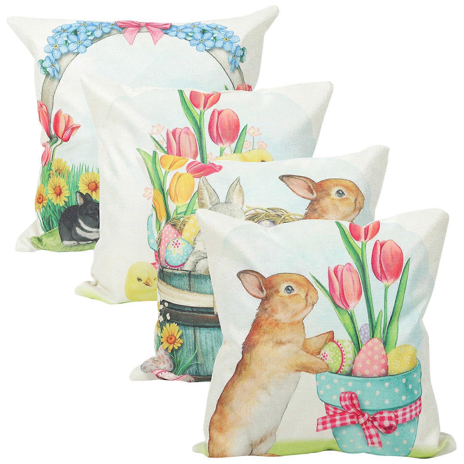 Flax Material Rabbit Pillowcase 4Pcs Set for Easter Sofa Decoration