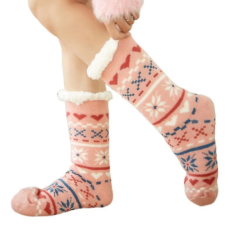 Women Christmas Fleece Lining Fuzzy Slipper Socks With Grippers Heart Elk Cat Leaf Pattern Thermal Non-slip Foot Warmer