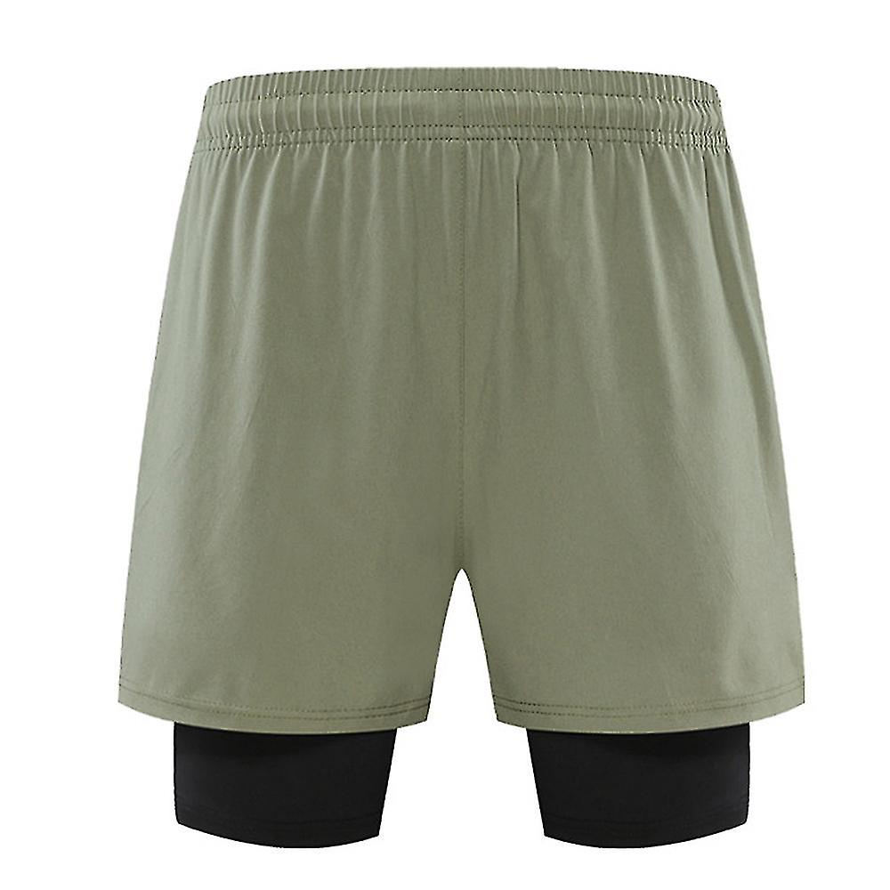 Mens 2 In 1 Running Shorts Quick Dry Gym Athletic Workout Shorts For Men With Phone Pockets - Green-n