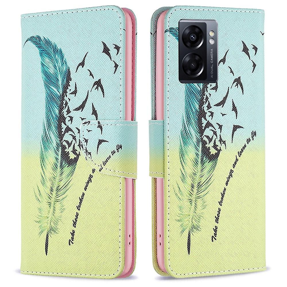 BF Series-1 for Oppo A57 (2022) 5G/A77 5G Wallet Phone Case Viewing Stand Protective Cover - Feather
