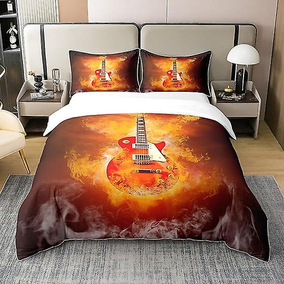 Guitar Comforter Cover Twin Size Rock Music Påslakan Elgitarr Sängkläder Set Flame Pattern Quilt Cover För Barn