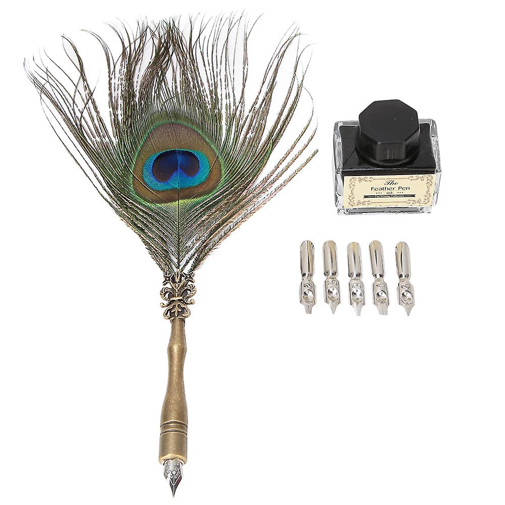 Calligraphy Set, Peacock Feather, Fountain Pen, Ink, Stationery, Gift Box with 5 Nibs
