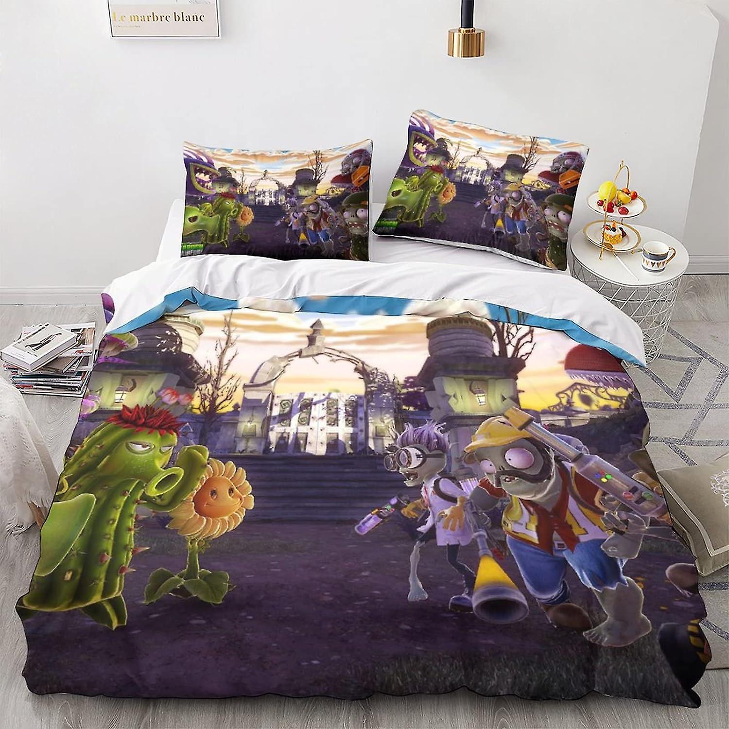 HOUKIG Plants Vs. Zombies Set Copripiumino Set di biancheria da letto 3D Copripiumino in microfibra con chiusura a cerniera Set da 3 pezzi Copripiumino Doppio
