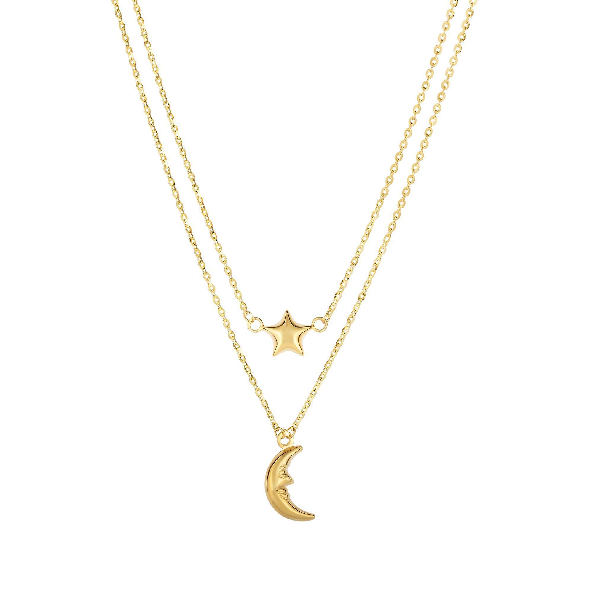 14k Yellow Gold Moon And Star On Single In to Double Graduated Strand Necklace, 18"