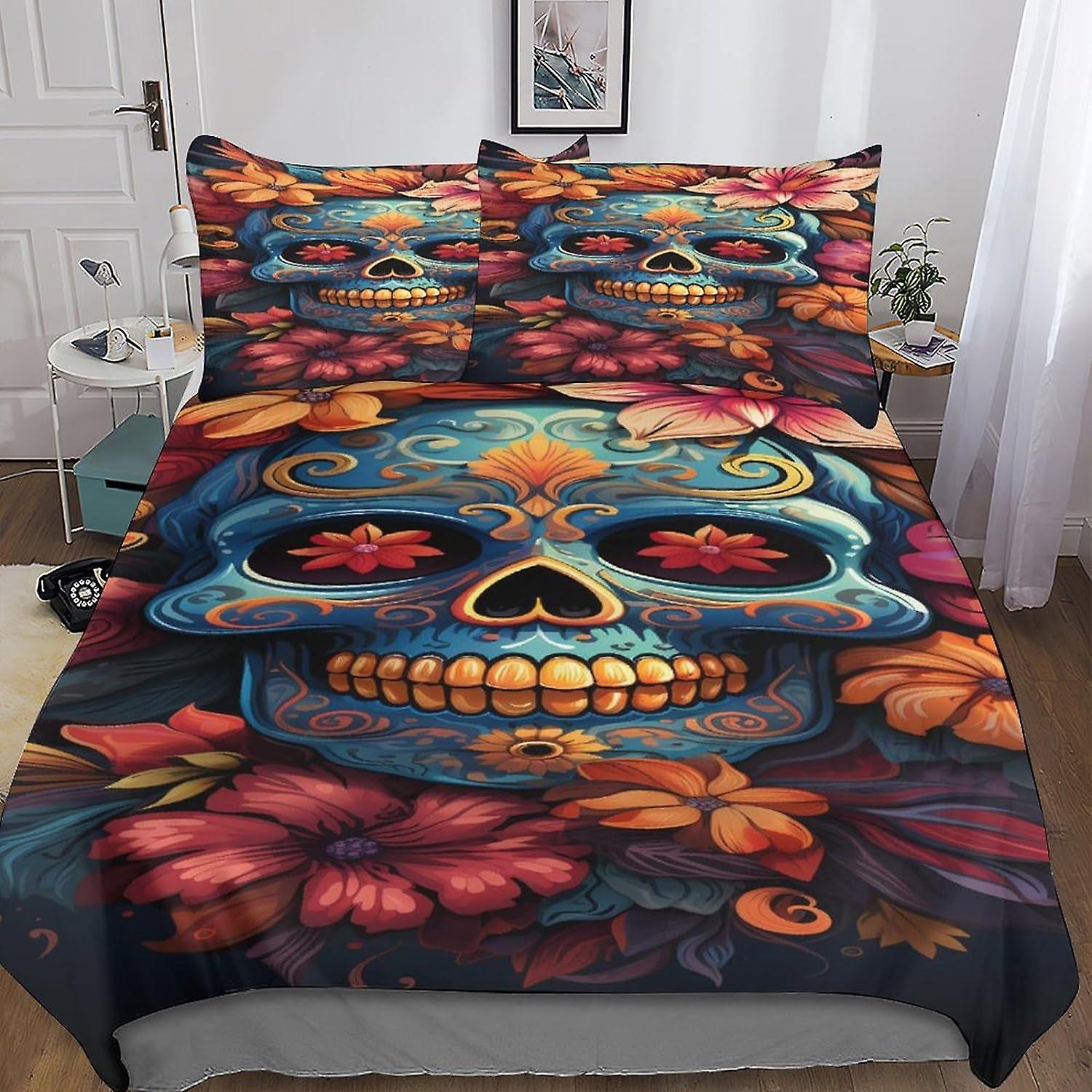 VCLUST Gothic SkullDuvet Cover Set 3D Printed Creative Skull Quilt Cover Microfiber Bedding Set Ultra Soft Hypoallergenic Comforter Cover \u200bwith Z