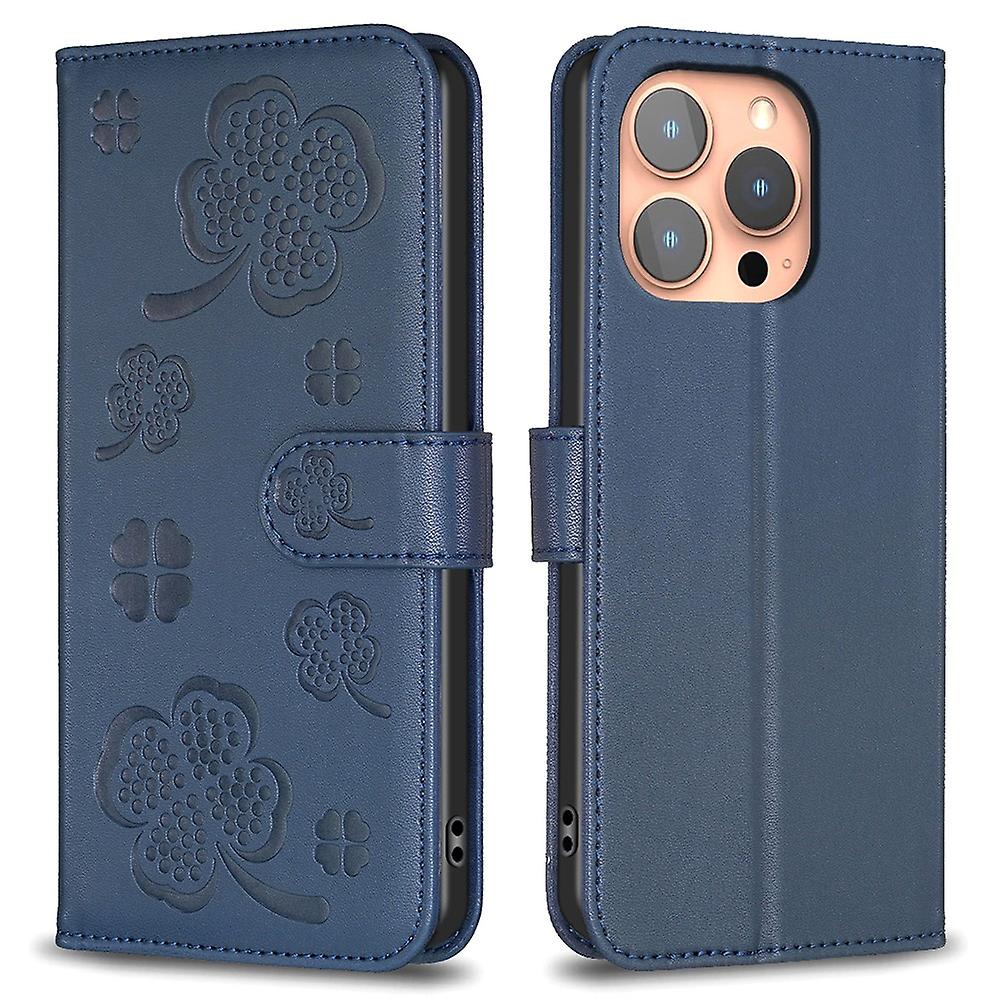 For iPhone 16 Pro Case Lucky Clover Pattern Leather Phone Cover - Blue