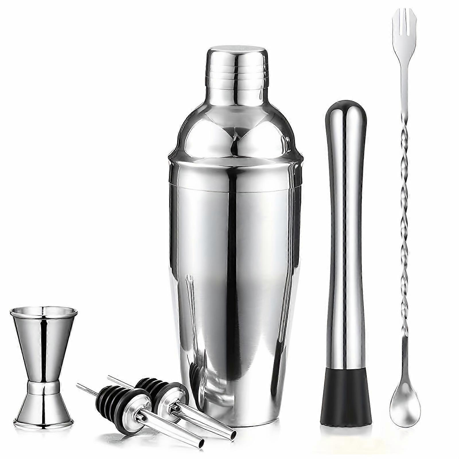 1 Set, Cocktail Shaker Set, 6-Piece Bartender Kit, Martini Shaker, Measuring Jigger, Mixing Spoon, Muddler, 2 Pourers Bar Tools Set With Built-in Bart