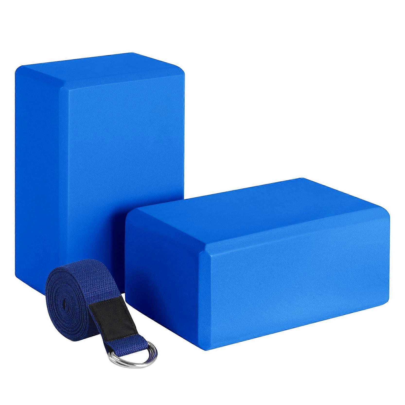 Yoga Block and Yoga Strap Set EVA Foam Soft Non-Slip Yoga Blocks Universal Pilates Stretching and Toning Workouts Blue