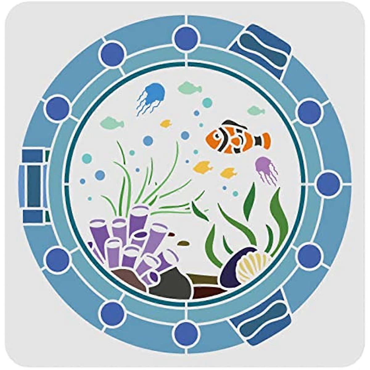 Window of The Underwater World Stencil 11.8x11.8inch Underwater Creatures Stencil Sea Creatures Stencil for Painting on Wood Tile Paper Fabric Floor W