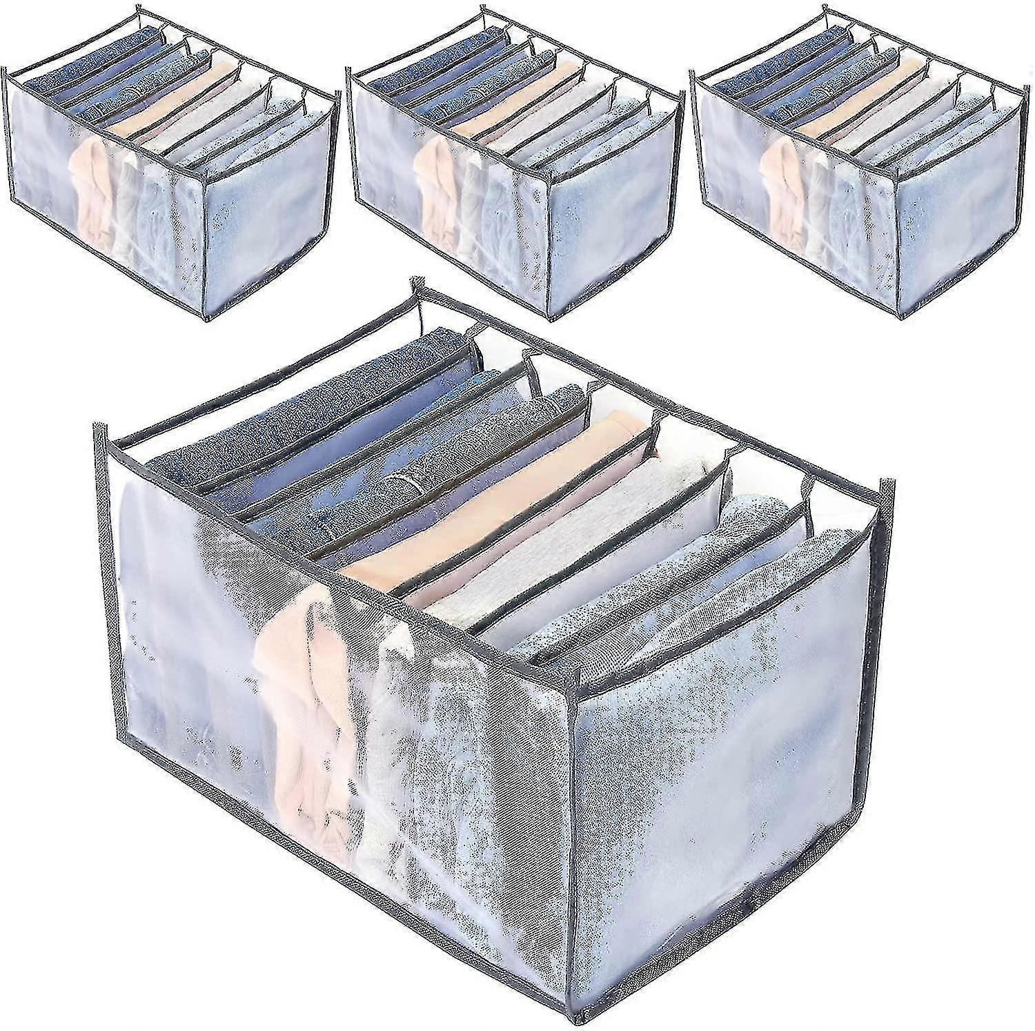 4pcsワードローブ服オーガナイザー7グリッド、クローゼットオーガナイザー&ストレージバスケット、衣類収納ビン、洗濯可能&折りたたみ式