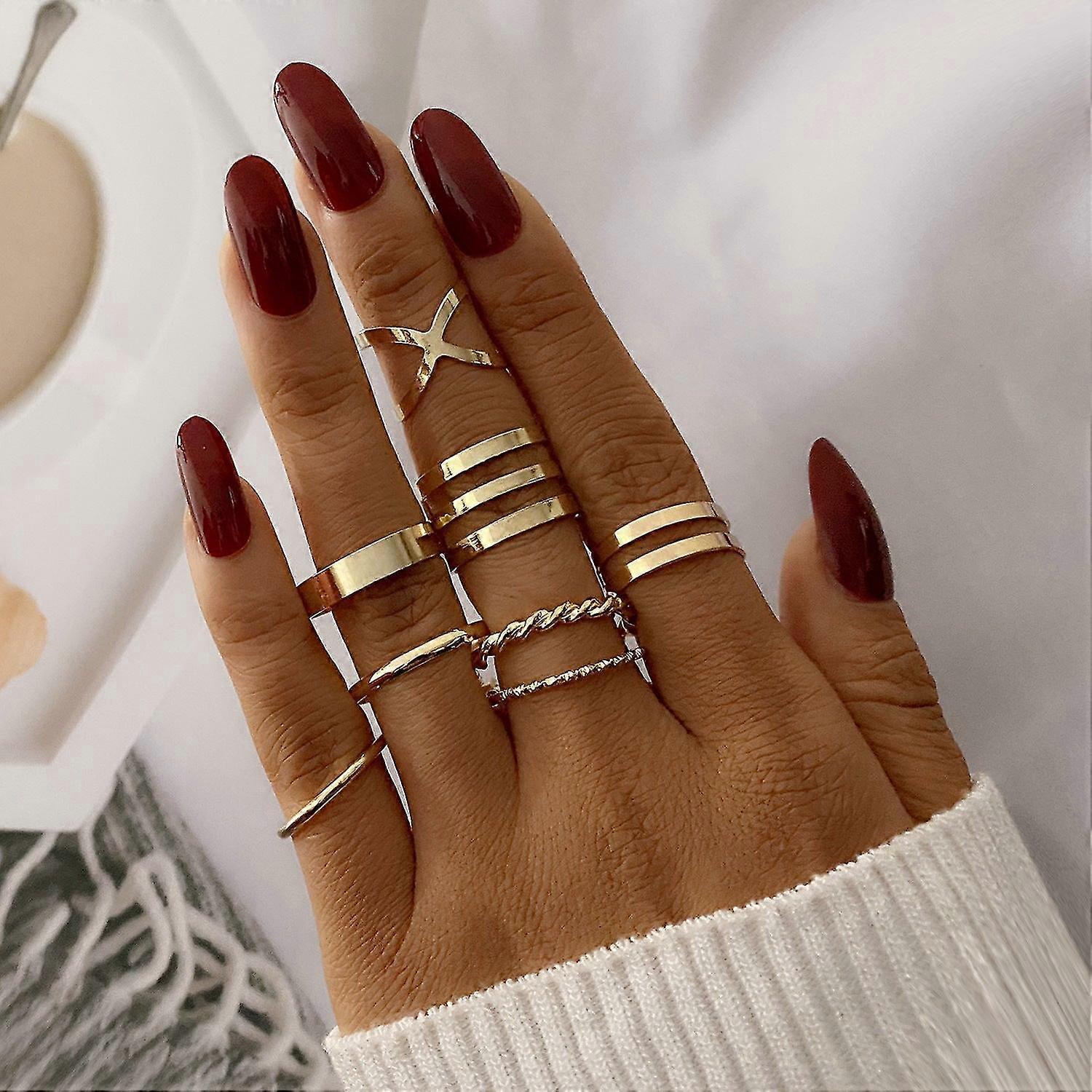 6 buc / Set Inele de deget punk Inele metalice minimaliste netede de aur / negru geometrice pentru femei