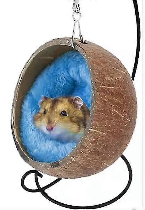 Natural Coconut Hamster Hide Hammock With Cigar Toy, Hanging Coconut Shell Hamster Bed Room With Warm Pad