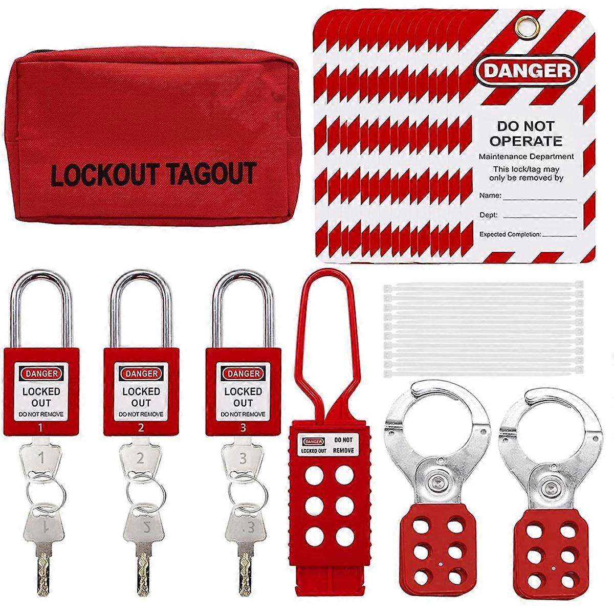 Zestaw Lockout Tagout, Nylonowe opaski, Kłódki bezpieczeństwa z numerem, Grupowe zapięcia blokujące, Uniwersalny zestaw z czerwoną torbą kieszonkową