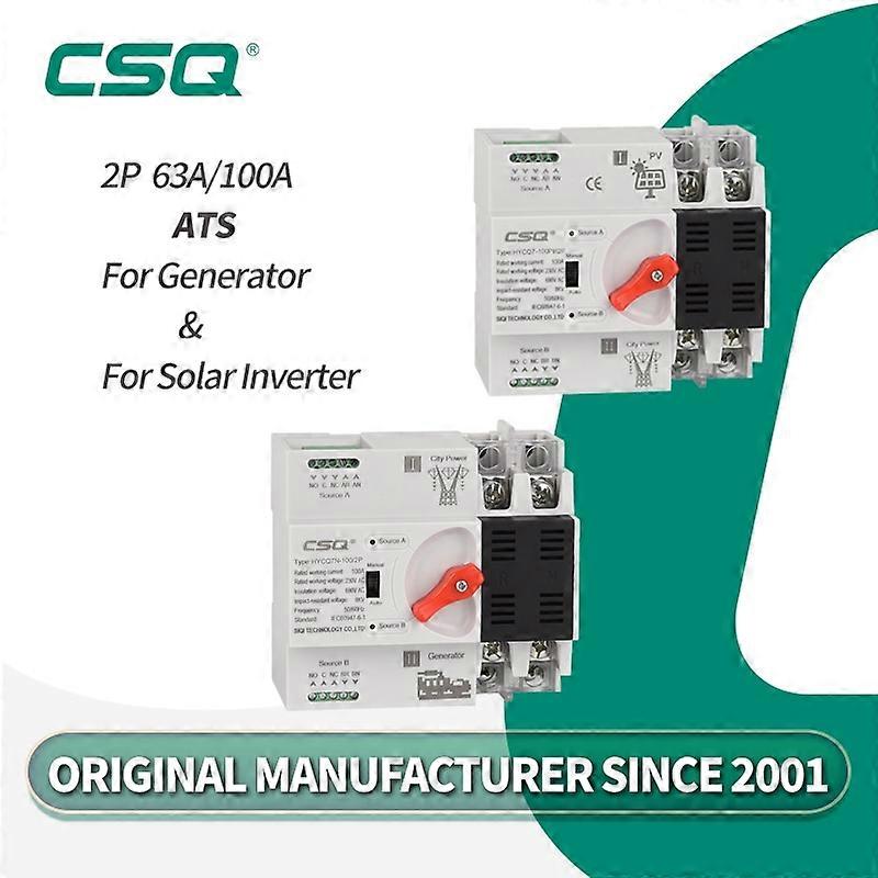 CSQ Din Rail 2P ATS 220V Dual Power Automatic Transfer For Solar 63A 100A Electrical Changeover Switches