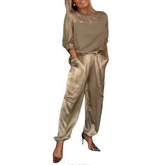 2 Pcs/Set Women Top Pants Set Satin Three Quarter Sleeves O Neck Lace-up Waist Solid Color Soft Breathable Casual Pockets Loose Blouse Trousers Set