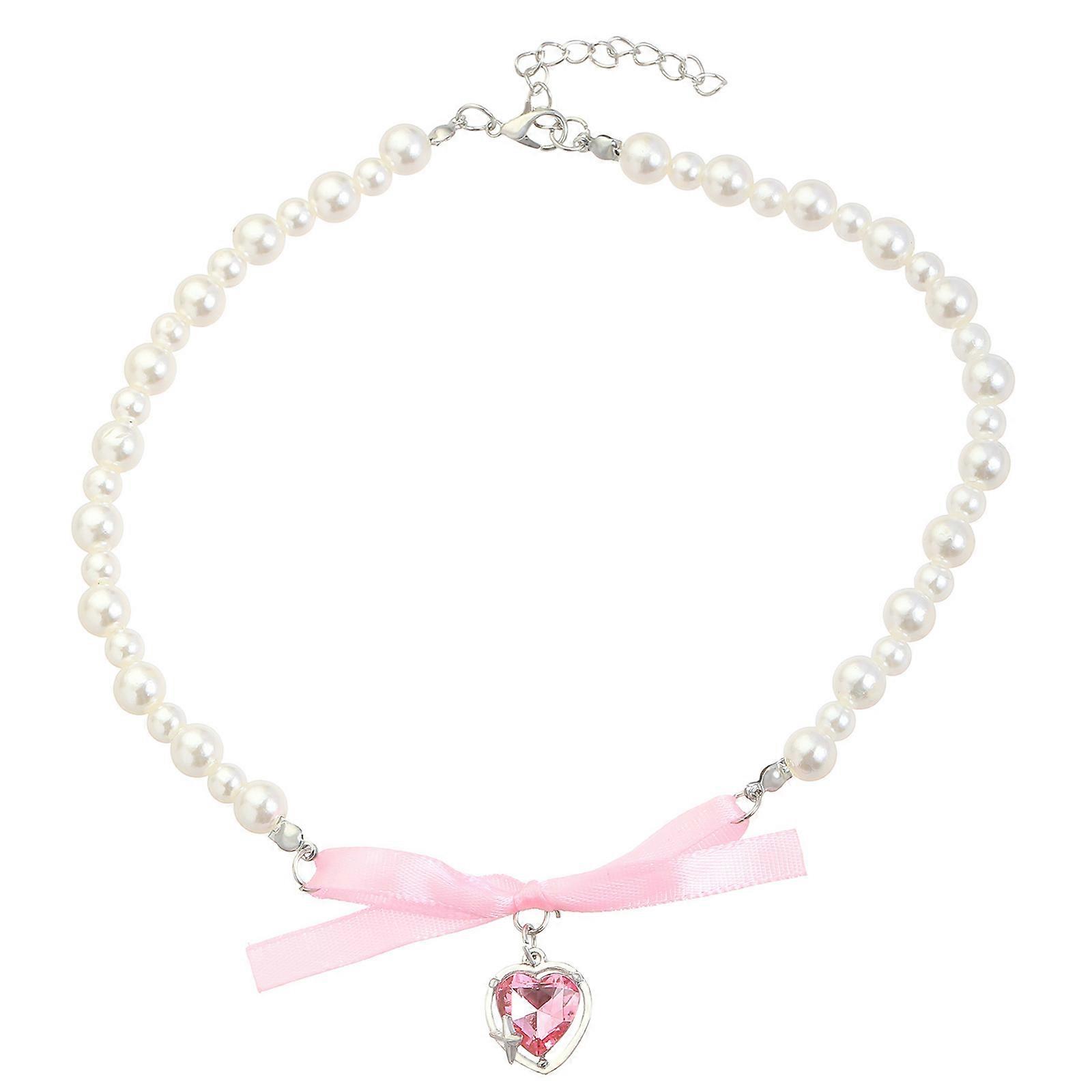 Collier ras du cou élégant en forme de cœur avec pendentif en perles et nœud papillon, bijou tendance pour femme, idéal au quotidien