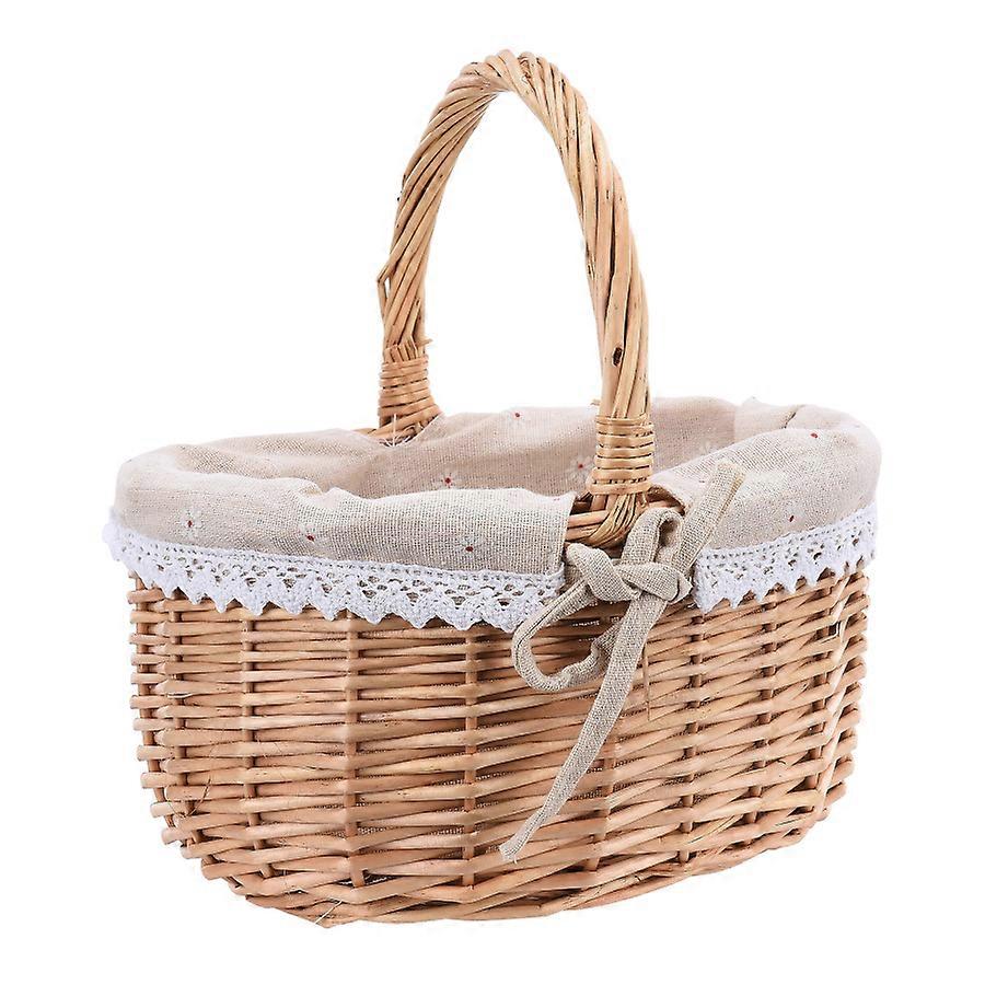 Natural Handcrafted Picnic Basket, Oval Shape with Daisy Design - Small